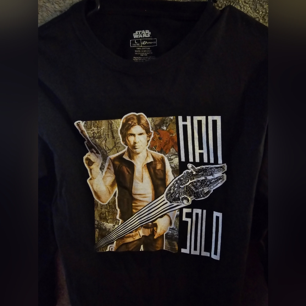Star Wars × Real Tree Edge Han Solo w/ Camo Black Long Sleeve Shirt Size LARGE